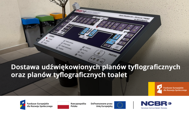 Grafika przedstawia plan tyflograficzny zlokalizowany w Domu Studenckim VICTORIA oraz symbole promocyjne Funduszy Europejskich