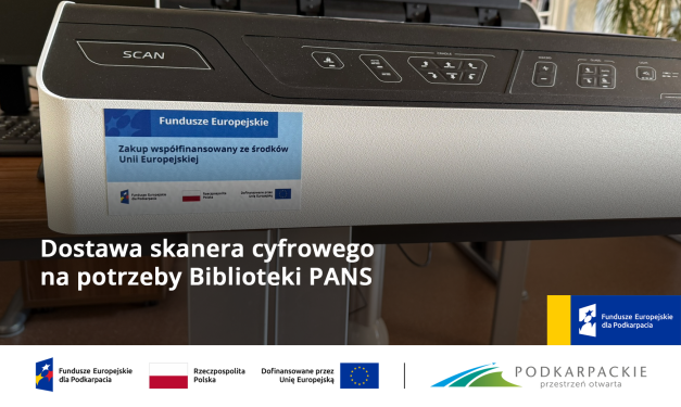 Grafika przedstawia zdjęcie części skanera cyfrowego wraz z grafikami promocyjno-informacyjnymi projektów UE.